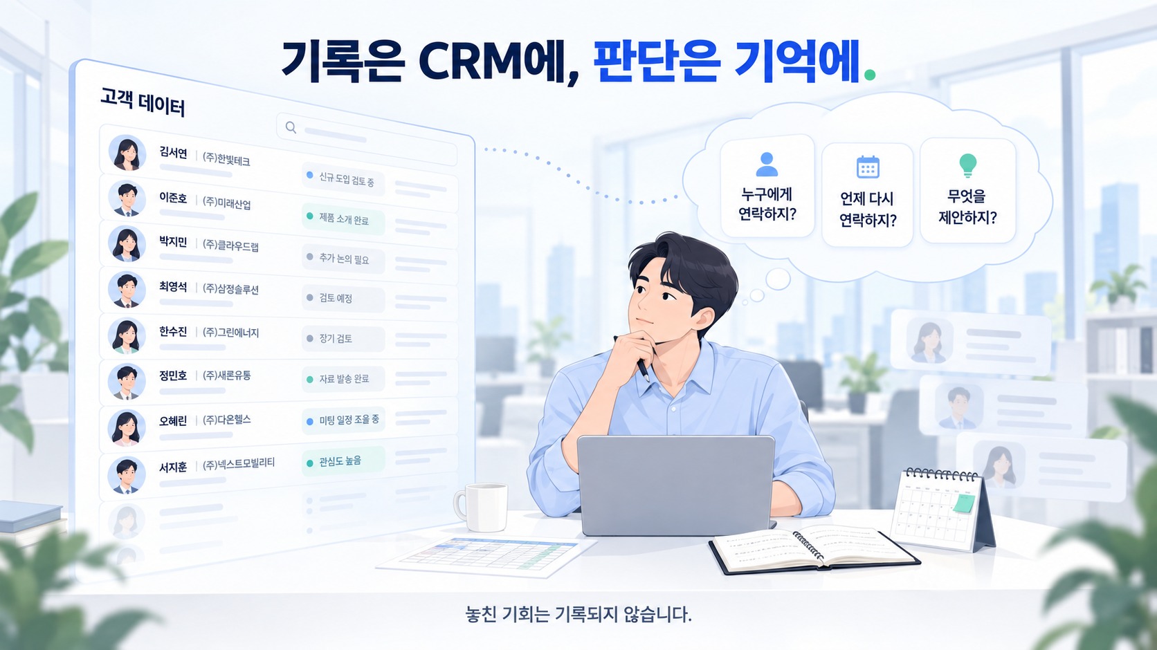CRM 고객 목록 옆에서 담당자가 「누구에게 연락하지?」·「언제 다시 연락하지?」·「무엇을 제안하지?」를 떠올리는 장면을 그린 일러스트