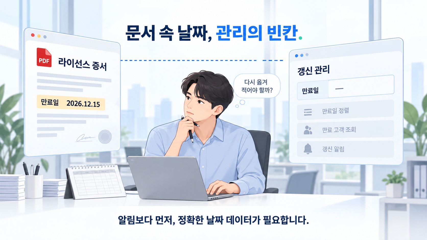 라이선스 증서 PDF에는 만료일이 적혀 있지만 갱신 관리 화면의 만료일 칸은 비어 있고, 담당자가 「다시 옮겨 적어야 할까?」 하고 망설이는 장면을 그린 일러스트