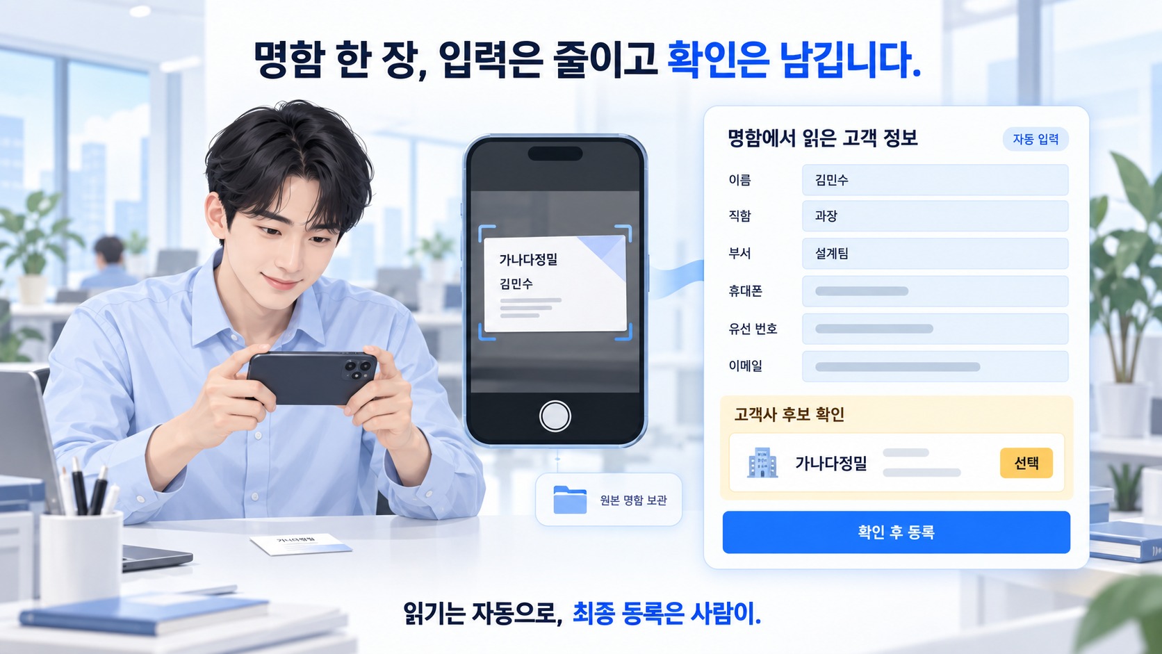 휴대폰으로 명함을 찍는 담당자와, 명함에서 읽은 이름 · 직함 · 부서 · 휴대폰 · 유선 번호 · 이메일이 자동 입력으로 채워진 고객 등록 화면, 그 아래 「고객사 후보 확인」에서 후보 고객사를 선택하는 버튼과 「확인 후 등록」 버튼, 원본 명함 보관 표시를 그린 일러스트
