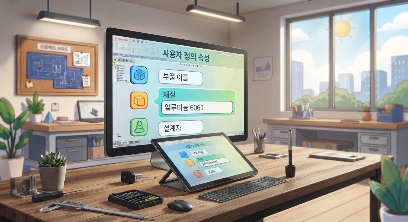 설계 사무실 책상 위 모니터에 부품 이름, 재질 알루미늄 6061, 설계자 항목이 나란히 놓인 사용자 정의 속성 화면이 떠 있는 일러스트