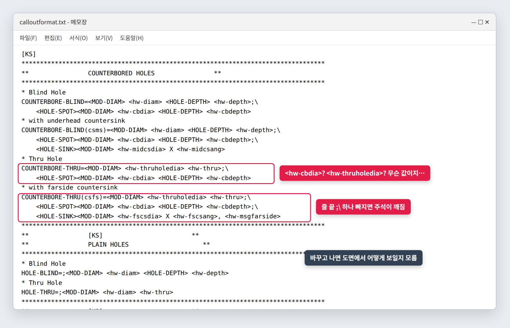메모장으로 연 calloutformat.txt. [KS] 구간의 COUNTERBORE-THRU 줄들이 빨간 테두리로 표시되어 있고 옆에 「<hw-cbdia>? <hw-thruholedia>? 무슨 값이지…」 「줄 끝 ;\ 하나 빠지면 주석이 깨짐」 「바꾸고 나면 도면에서 어떻게 보일지 모름」 말풍선이 붙어 있다