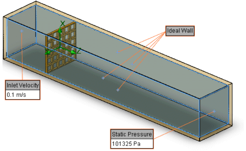 직사각형 덕트 안 입구 가까이에 5×5 구멍 타공판이 세워진 해석 모델. 입구 면에 Inlet Velocity 0.1 m/s, 출구 면에 Static Pressure 101325 Pa, 덕트 네 벽면에 Ideal Wall 표시가 붙어 있다